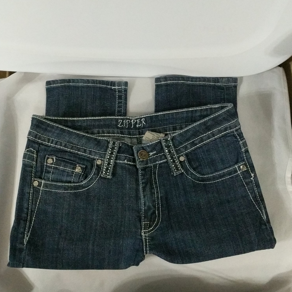 Zipper Bling Embellished Straight Leg Dark Wash - size 11